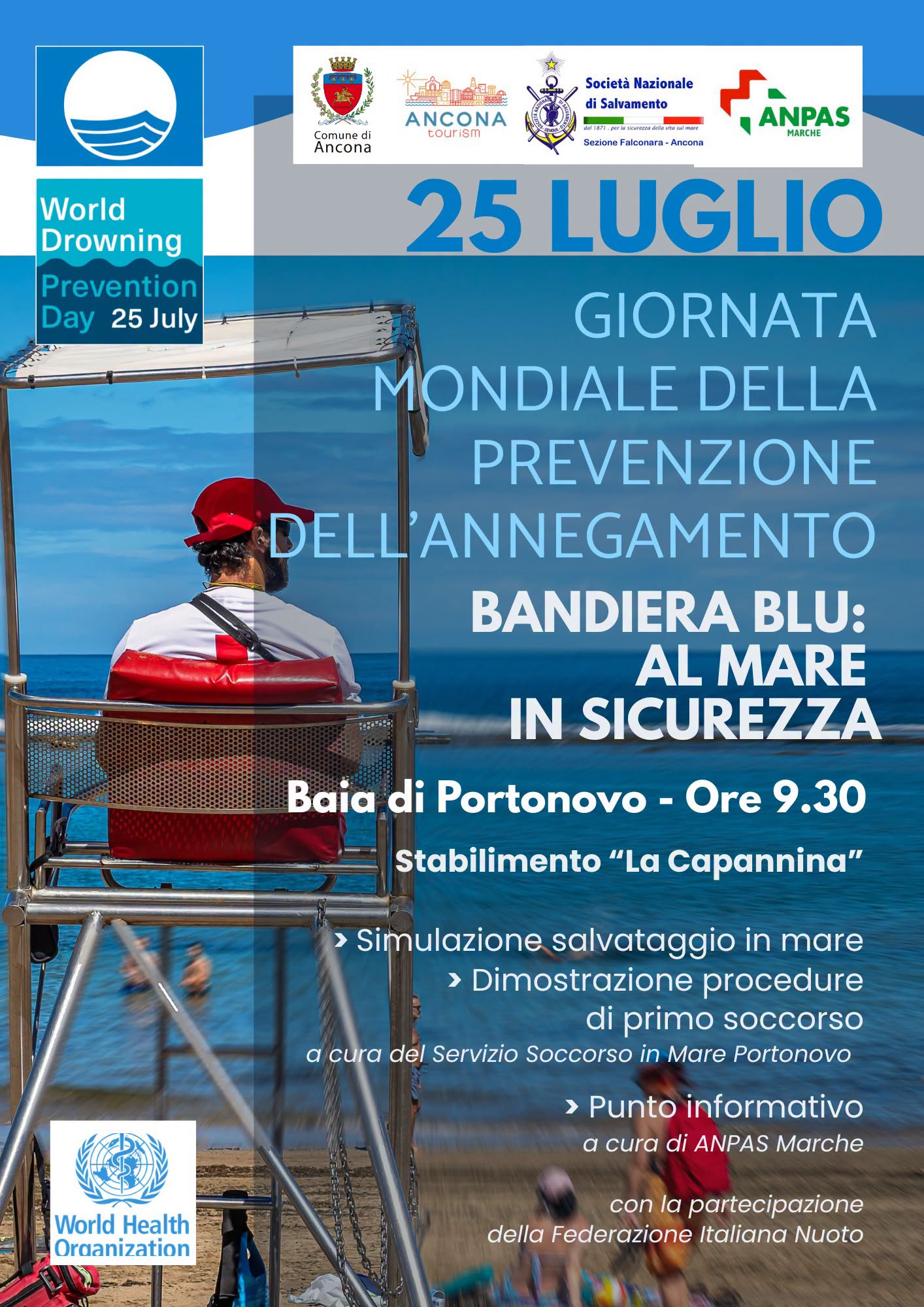 Locandina di Giornata Mondiale della Prevenzione dell'Annegamento - Bandiera Blu: al mare in sicurezza